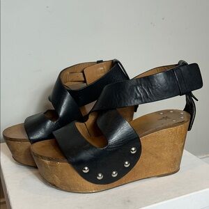 Frye Black Leather Wood Wedge Sandals